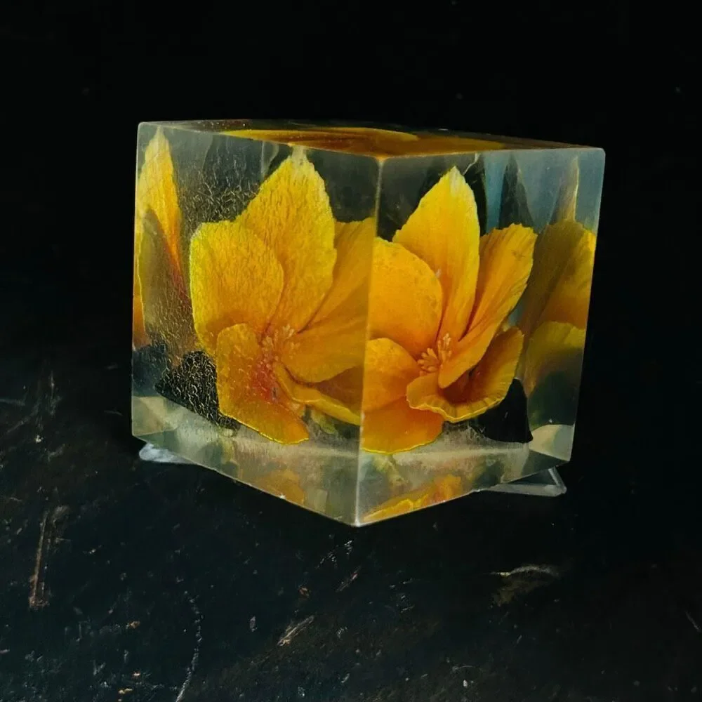 Vintage Russ Berrie Acrylic Yellow Flower Footed Cube Paperweight Imperfect